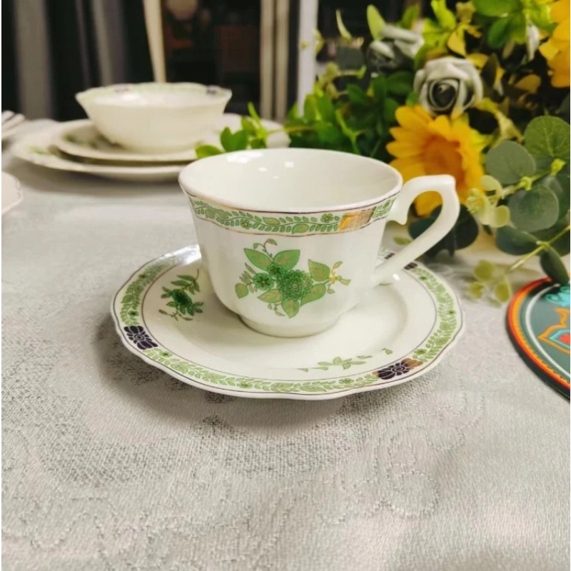 Coffee Tea Green - Vintage Green Floral Porcelain Tea Cup